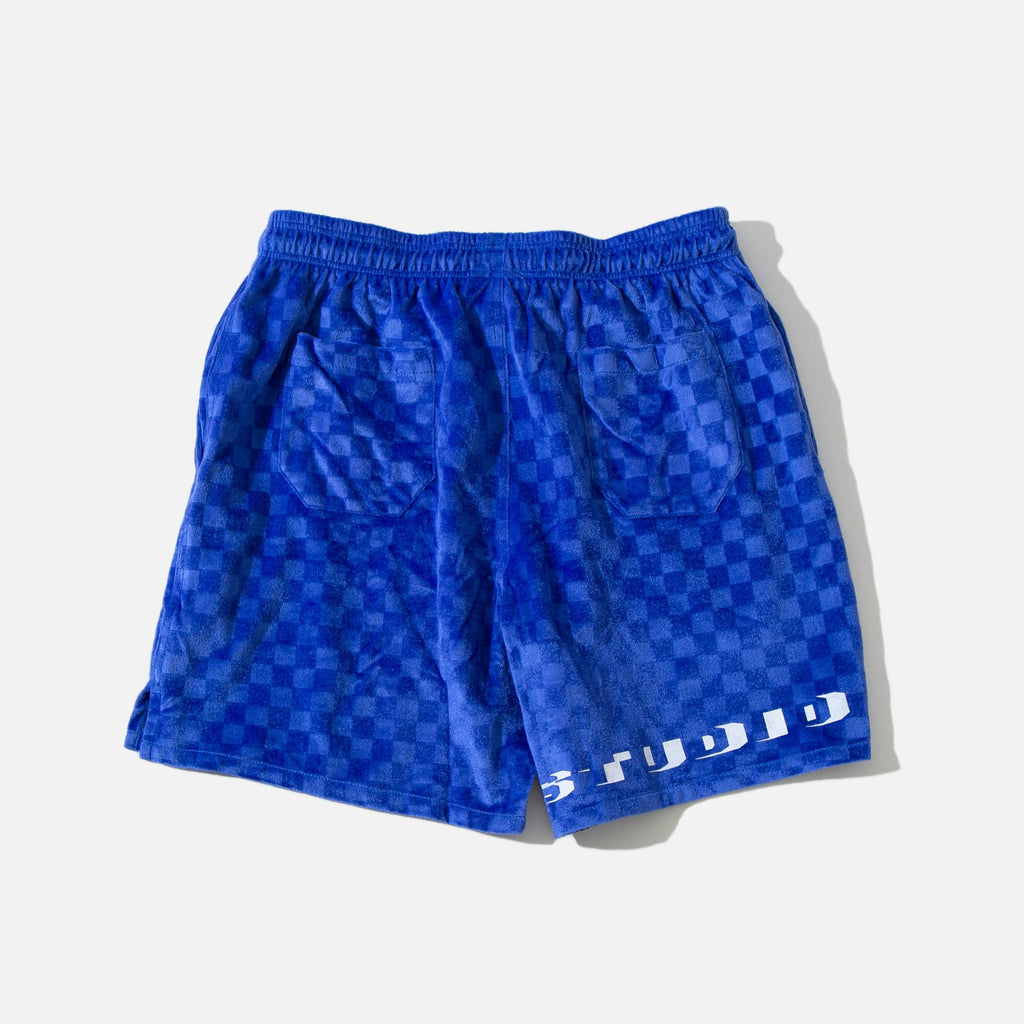 Velour shorts in checked purple from New York based LQQK Studio blues store www.bluesstore.co