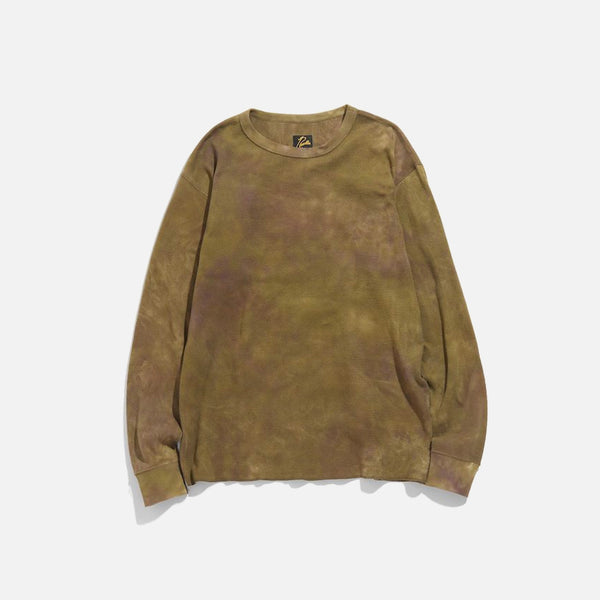 Longsleeve Thermal Cotton Crew Neck Tee in Olive w. Uneven Dye from the Needles blues store www.bluesstore.co