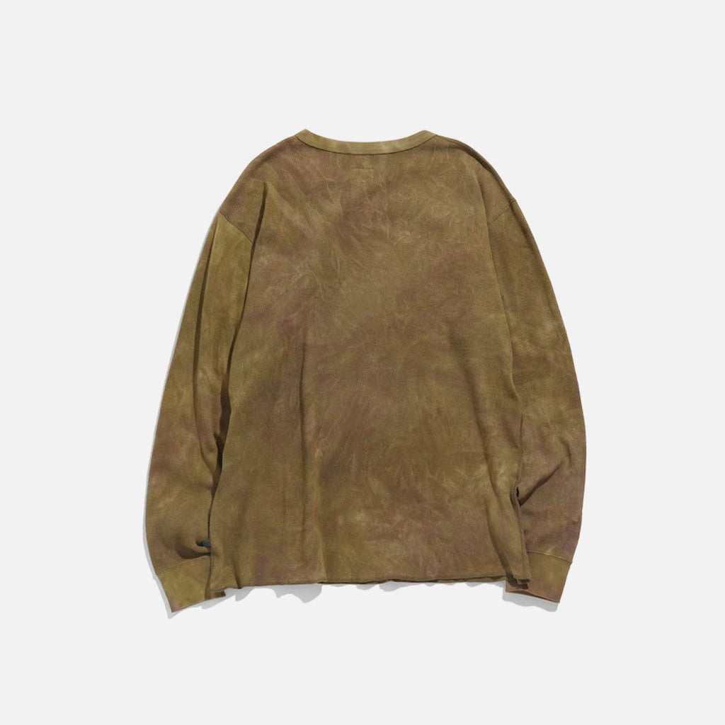 Longsleeve Thermal Cotton Crew Neck Tee in Olive w. Uneven Dye from the Needles blues store www.bluesstore.co