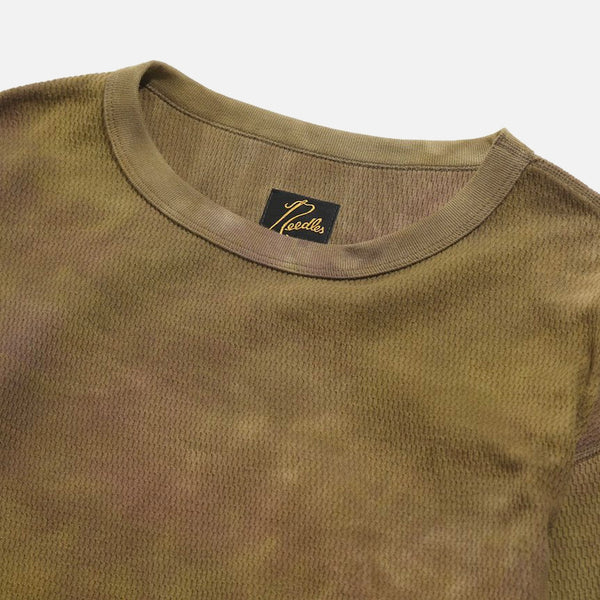 Longsleeve Thermal Cotton Crew Neck Tee in Olive w. Uneven Dye from the Needles blues store www.bluesstore.co