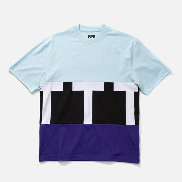 Cut & sew t-shirt in light blue, black and purple from The Trilogy Tapes blues store www.bluesstore.co